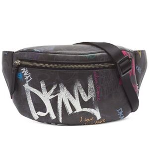 DKNY Tilly Belt Bag Black Graffiti Logo Nylon Crossbody Fanny Pack EUC